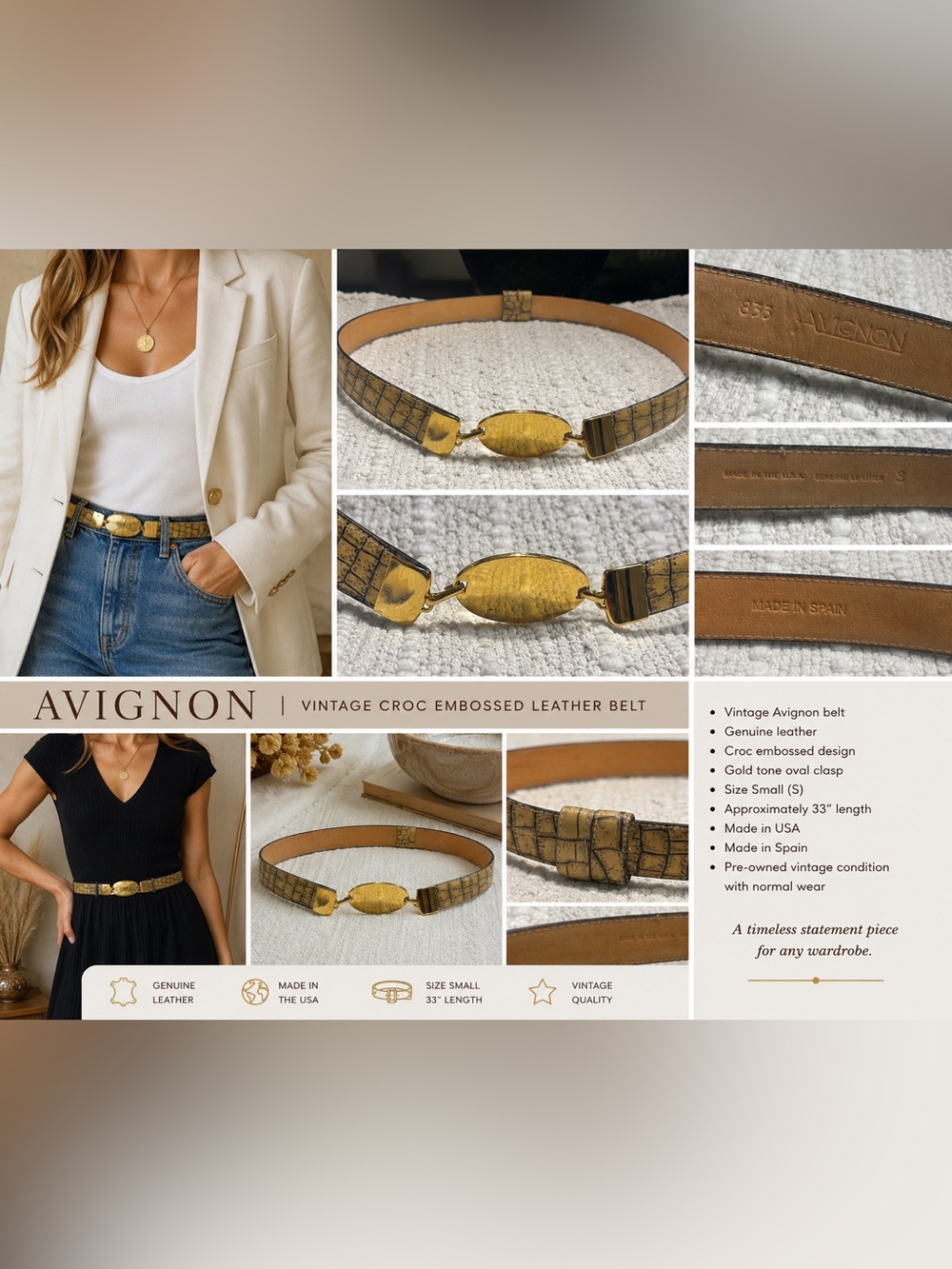 avignon crocodile embossed leather belt With Gold Buckle Women’s Size Small.